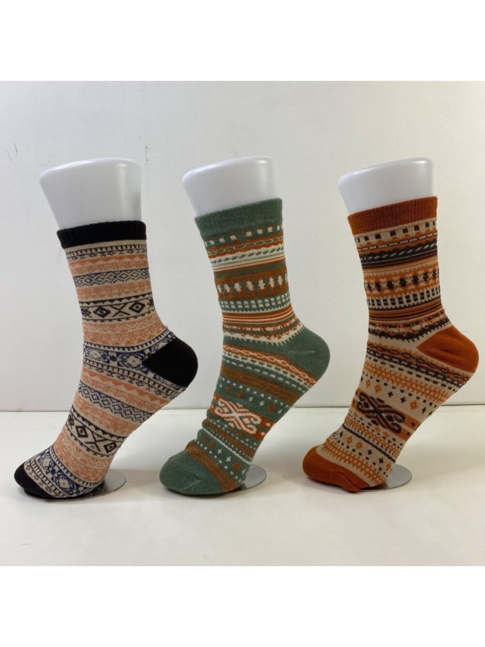 Womens Crew Socks Set 3 Nordic Fair Isle Pattern Knit Stripe Green Rust Winter